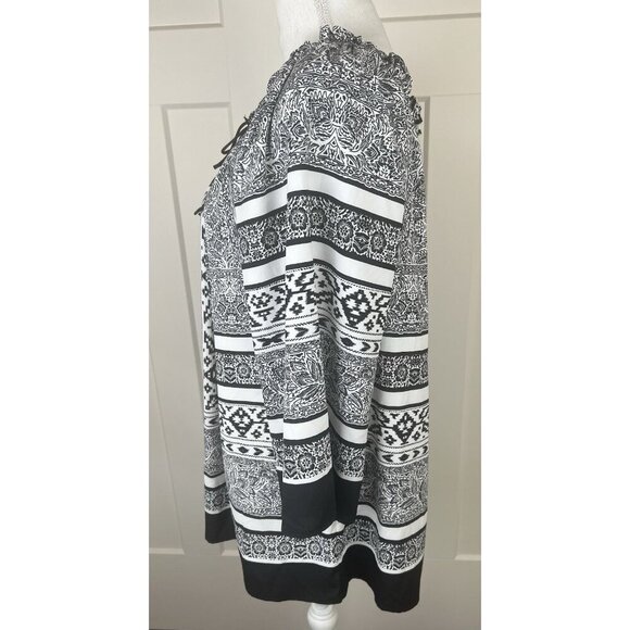 Chicos Sz 3 XL Bohemian Peasant Oversized Top Drawstring Ruffle Neck Black White - Picture 6 of 8